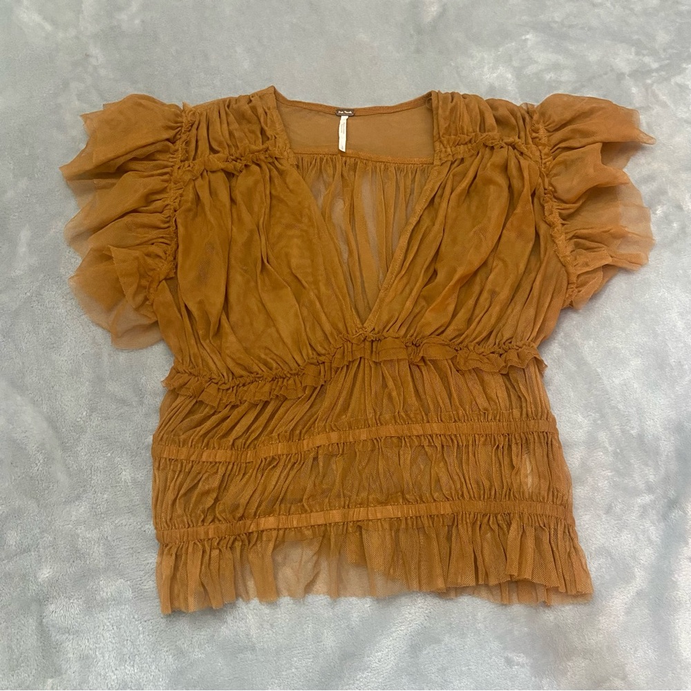 Free People Rustic Caramel Ruffled V-Neck Top - Picture 4 of 11